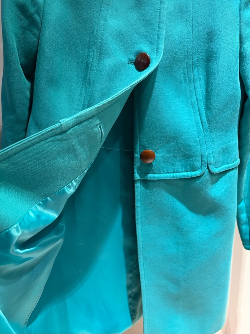 Talbots Turquoise Wool Blend Coat Mandarin Collar Brown Buttons - Size 4P - Picture 4 of 7